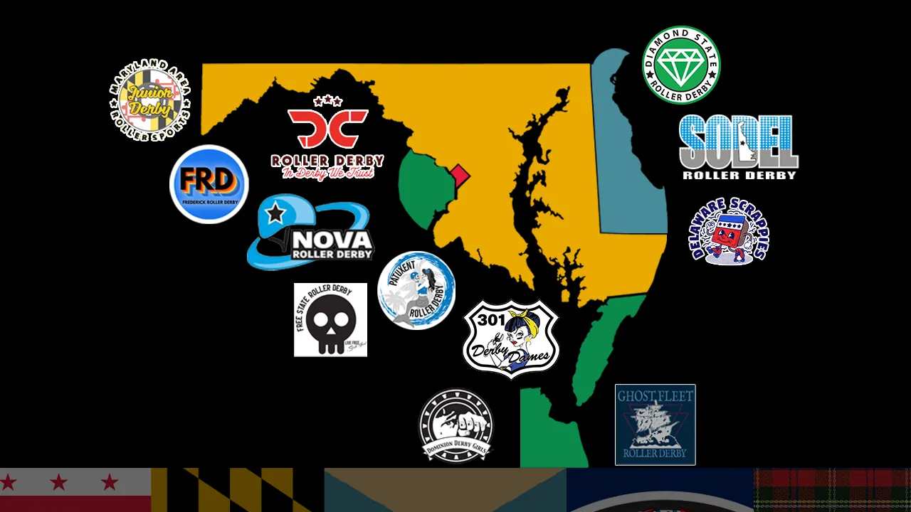 Map showing the DMV Derby district and the logos of the various leagues in the area.
